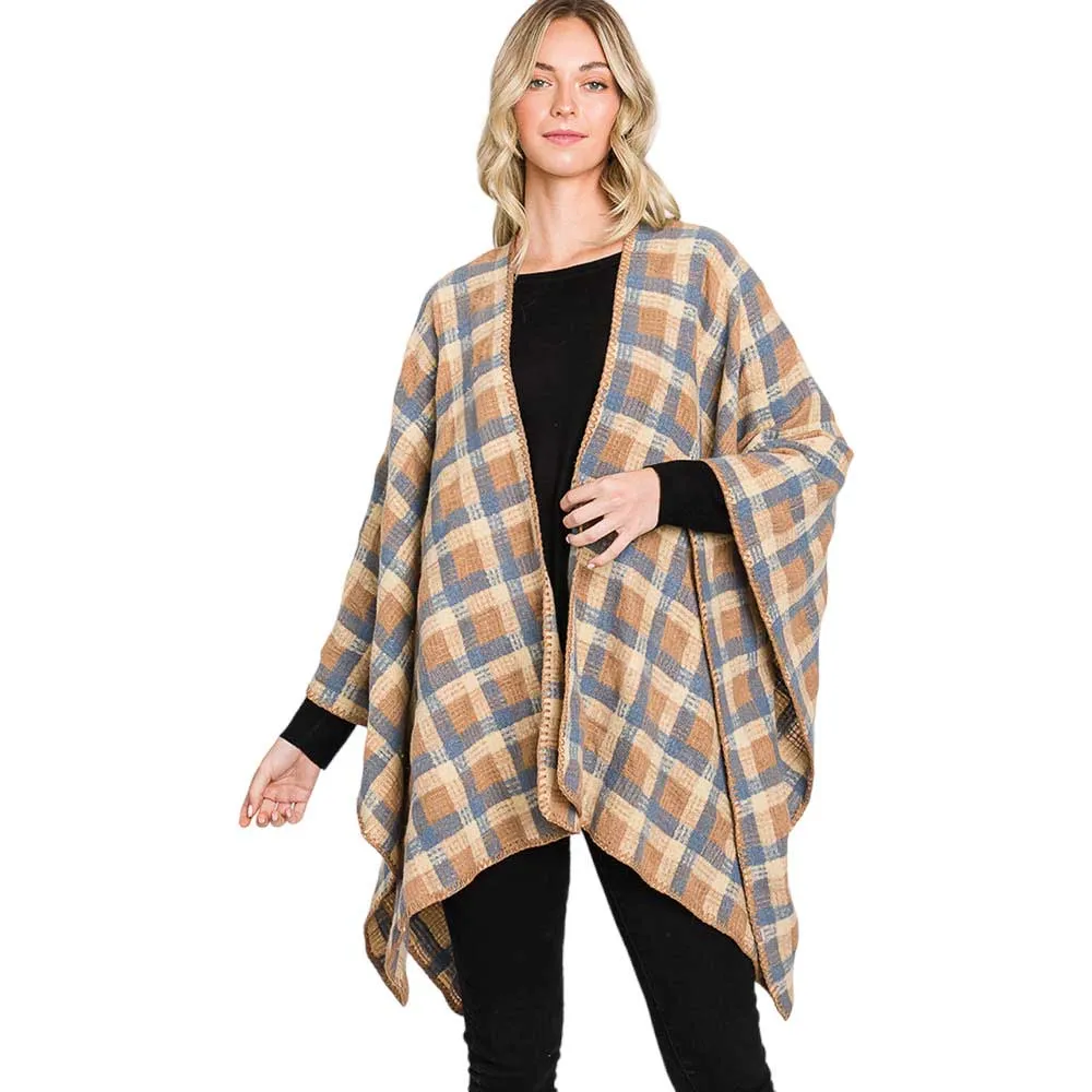 Trendy Plaid Check Patterned Ruana Poncho