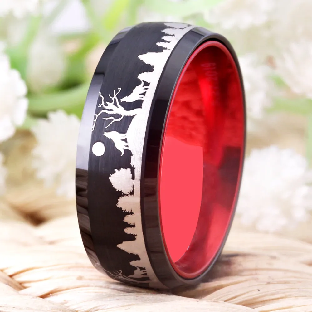 Unique Red and Black Tungsten Handmade Wolf Ring