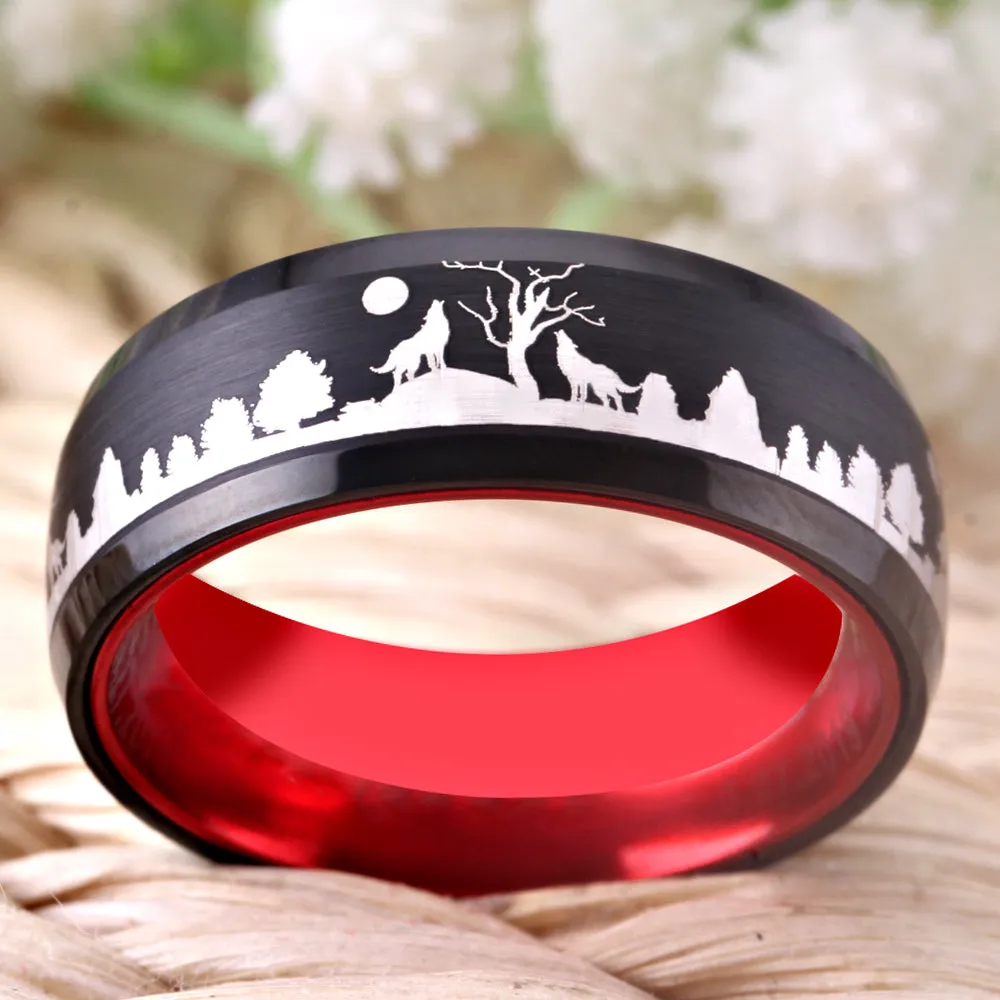 Unique Red and Black Tungsten Handmade Wolf Ring