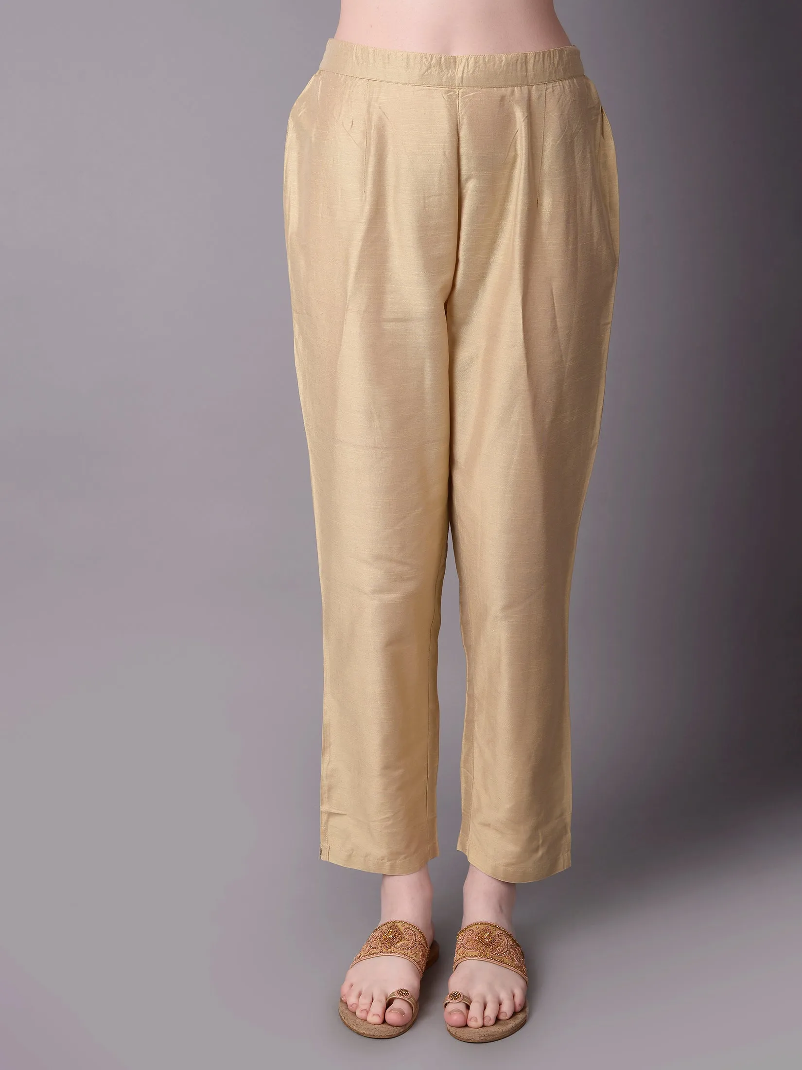 Women Beige Plain Kurta Trouser Dupatta